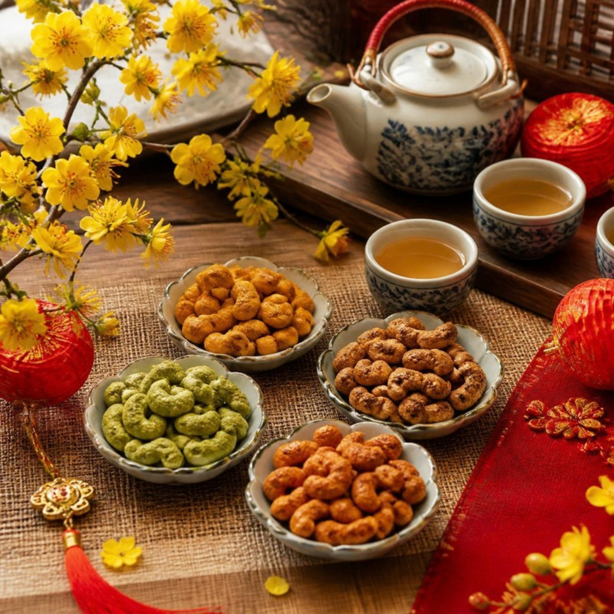 Hộp quà hạt điều Bình Phước GOLD CASHEW hộp quà 500g trên bàn trà ngày Tết (ảnh minh họa)