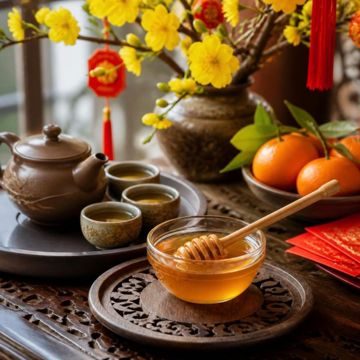 Mật ong hoa rừng Tây Nguyên Phương Di hũ 1kg trên bàn trà ngày Tết (ảnh minh họa)
