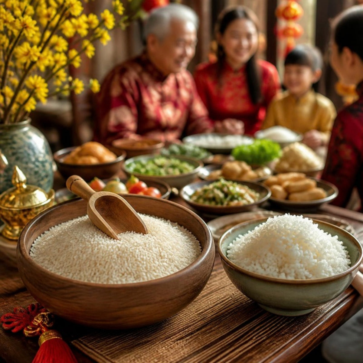 Gạo Đài Thơm 8 Đồng Tháp Mê Gạo túi 5kg trên mâm cơm ngày Tết (ảnh minh họa)
