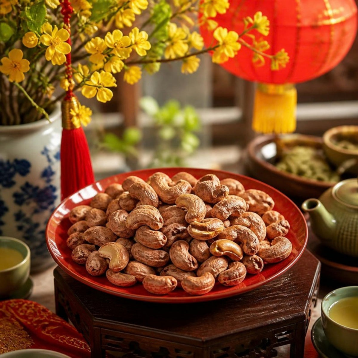 Hạt điều rang muối vỏ lụa Bình Phước FAMINUTS túi hút chân không 500g trên bàn trà ngày Tết (ảnh minh họa)