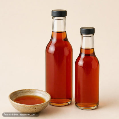 Nước mắm cá cơm 40 độ đạm – ảnh chính, chai thủy tinh trơn và chén nước mắm