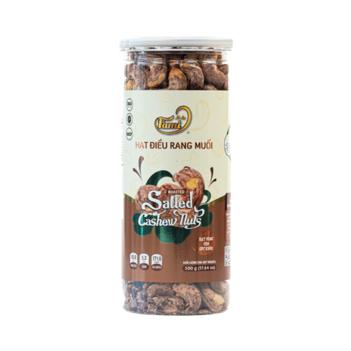 Hạt điều rang muối vỏ lụa Bình Phước FAMINUTS hũ pet 500g – ảnh sản phẩm nền trắng