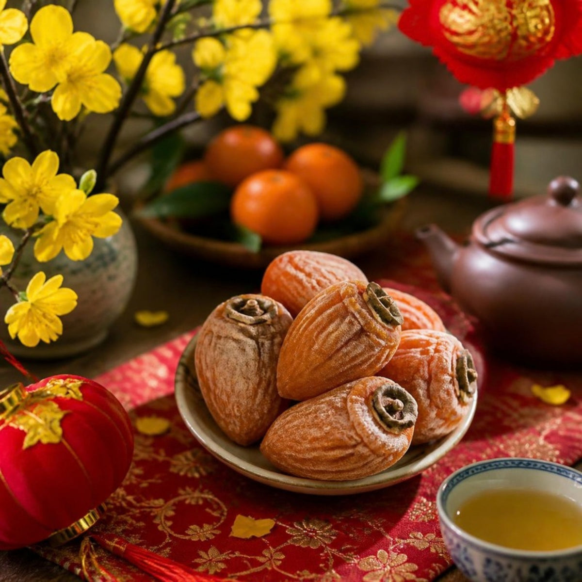 Hồng treo gió Đà Lạt DaLaVi hộp quà 500g trên bàn trà ngày Tết (ảnh minh họa)