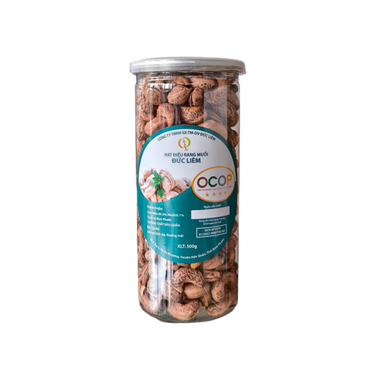 Hạt điều rang muối vỏ lụa Bình Phước ĐỨC LIÊM hũ pet 500g – ảnh sản phẩm nền trắng