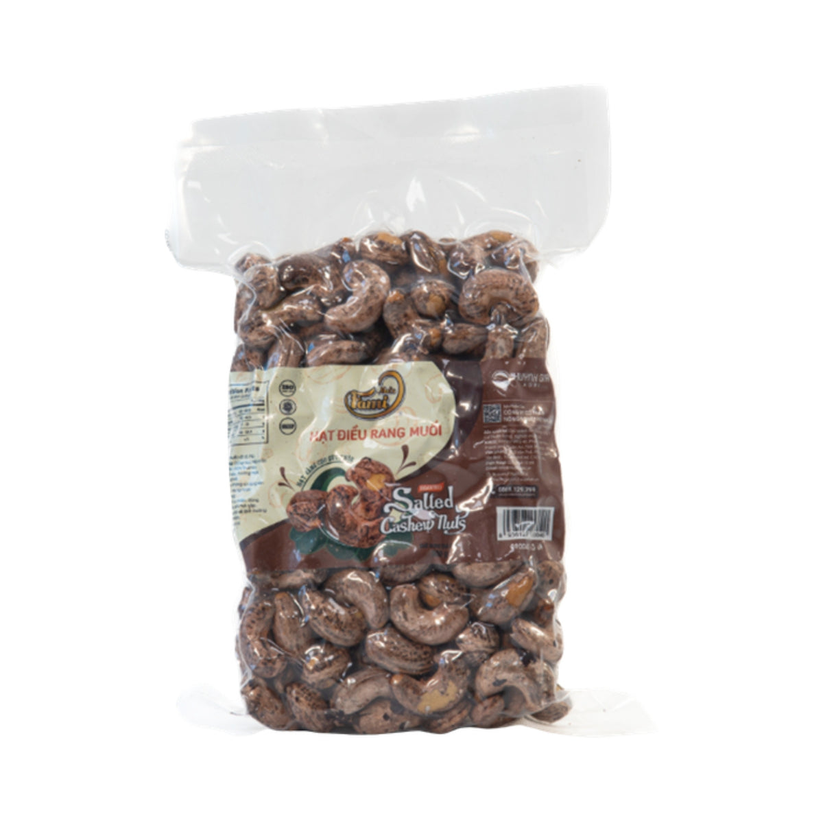 Hạt điều rang muối vỏ lụa Bình Phước FAMINUTS túi hút chân không 500g – ảnh sản phẩm nền trắng