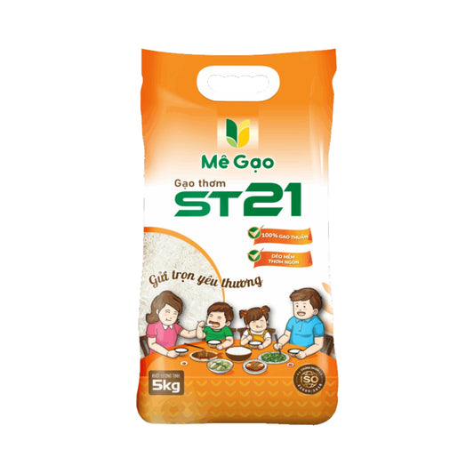 Gạo ST21 Đồng Tháp Mê Gạo túi 5kg – ảnh sản phẩm nền trắng