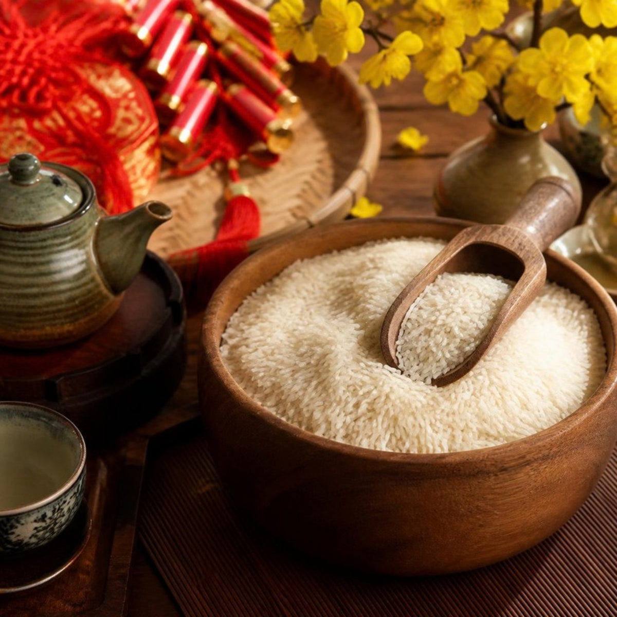 Gạo ST25 Sóc Trăng Ông Cua túi 5kg trên bàn trà ngày Tết (ảnh minh họa)