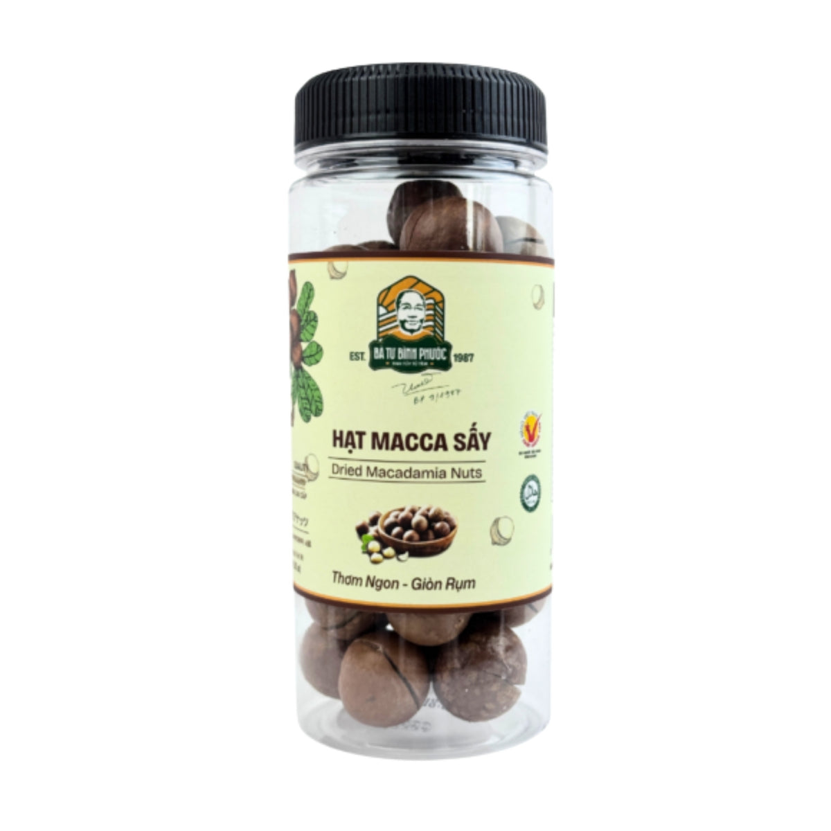 Hạt macca Lâm Đồng Bà Tư hộp 250g – ảnh sản phẩm nền trắng