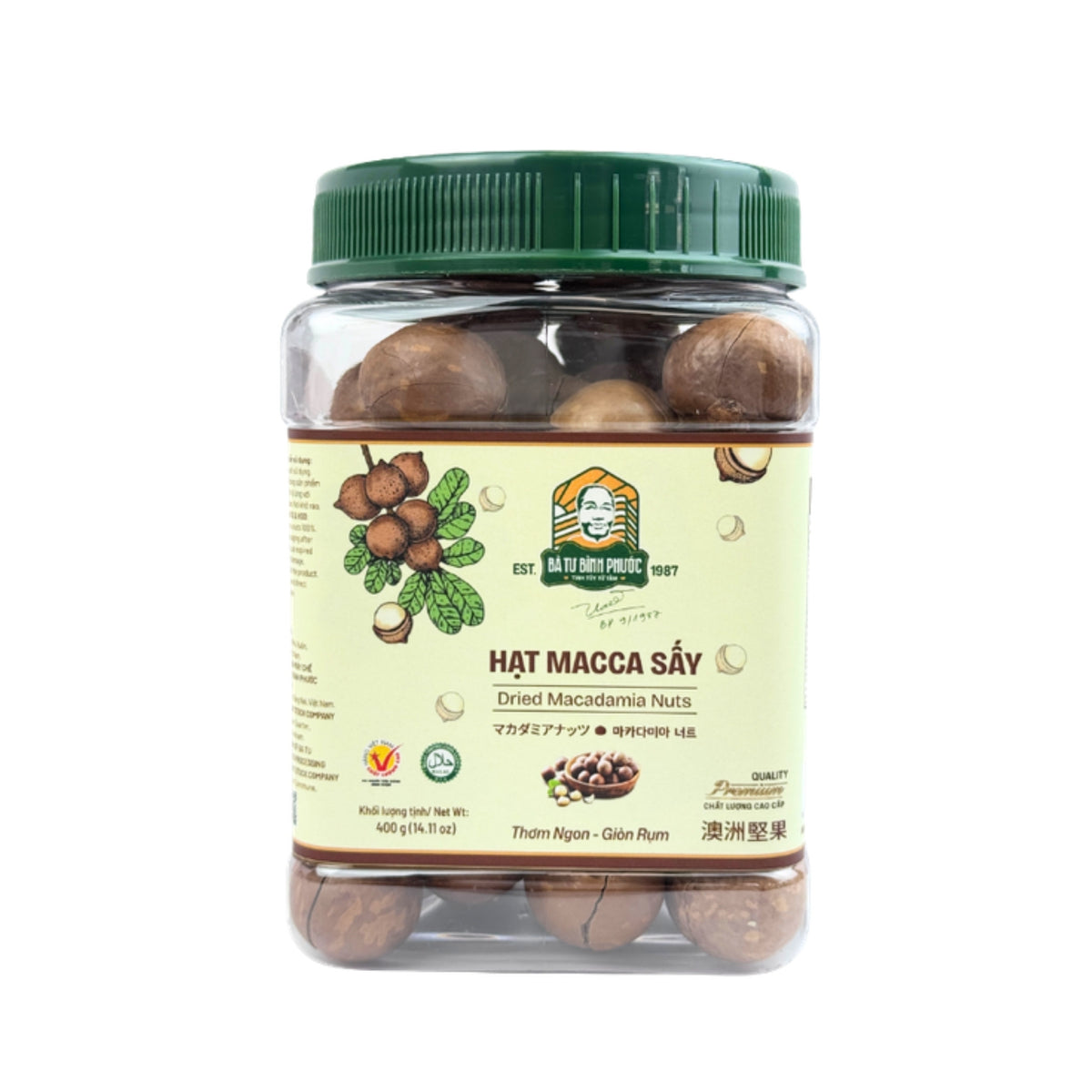 Hạt macca Lâm Đồng Bà Tư hộp 400g – ảnh sản phẩm nền trắng