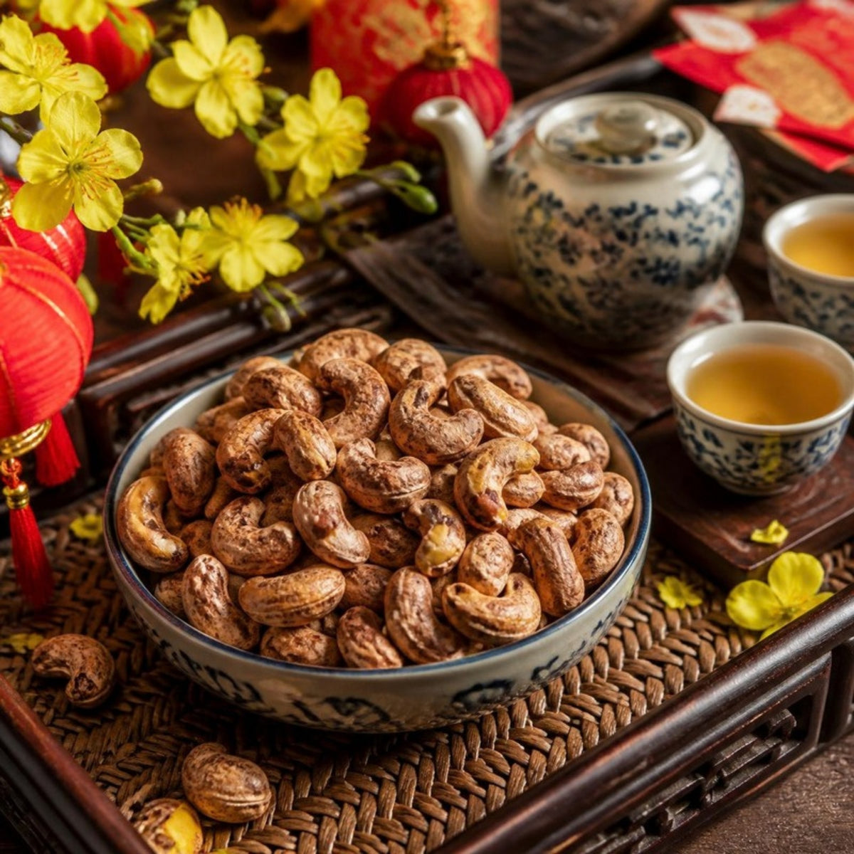 Hạt điều rang muối vỏ lụa Bình Phước ĐỨC LIÊM hũ pet 500g trên bàn trà ngày Tết (ảnh minh họa)