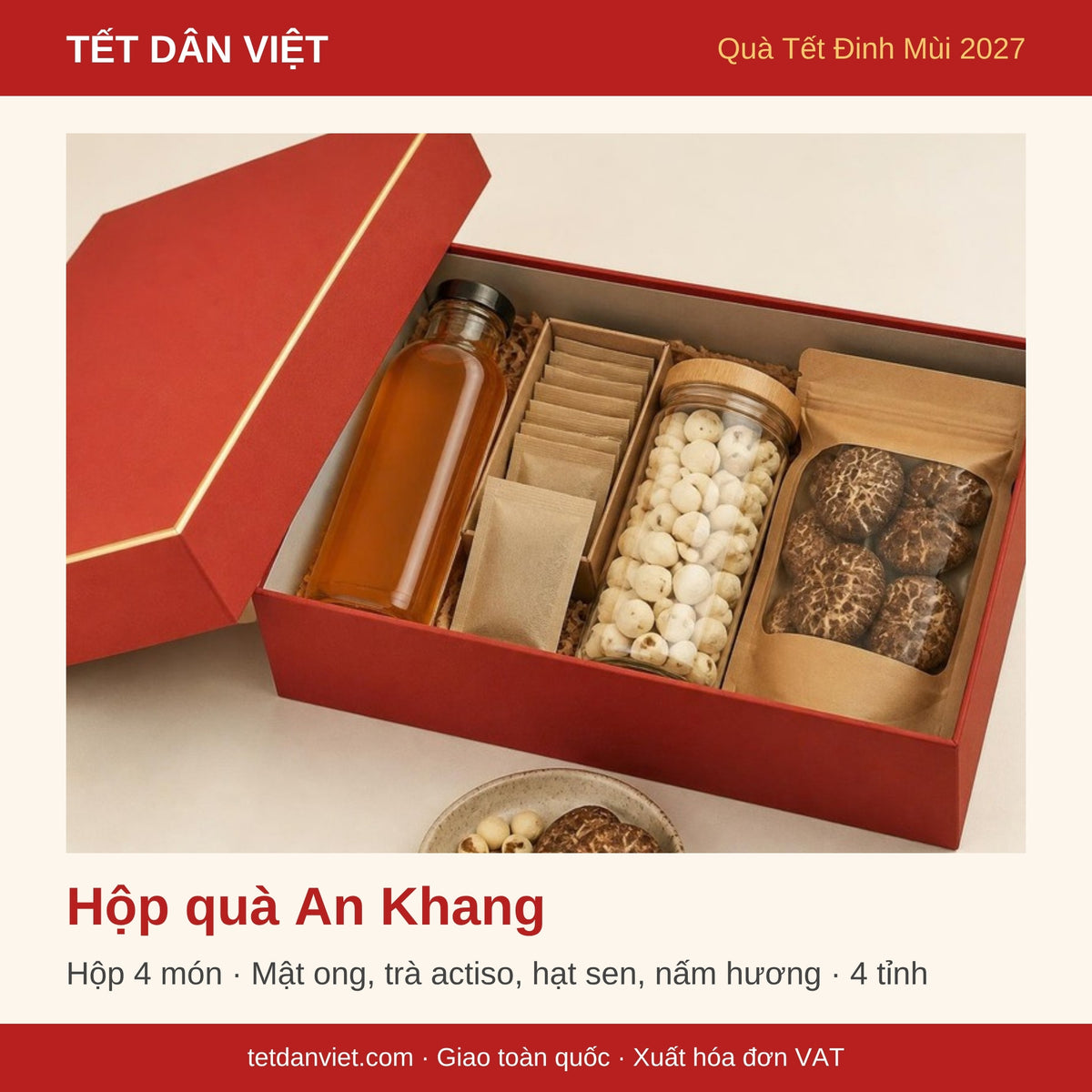 Hộp quà Tết An Khang trong khung Tết Dân Việt – 4 món mật ong, trà actiso, hạt sen, nấm hương