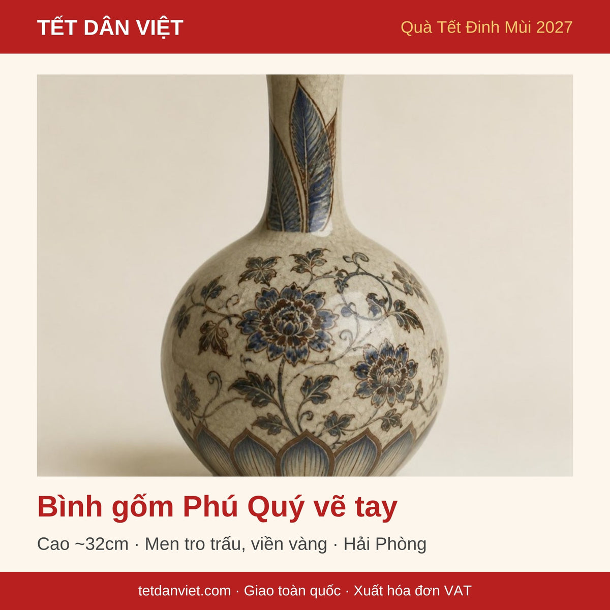 Bình gốm Phú Quý vẽ tay cao 32cm trong khung Tết Dân Việt