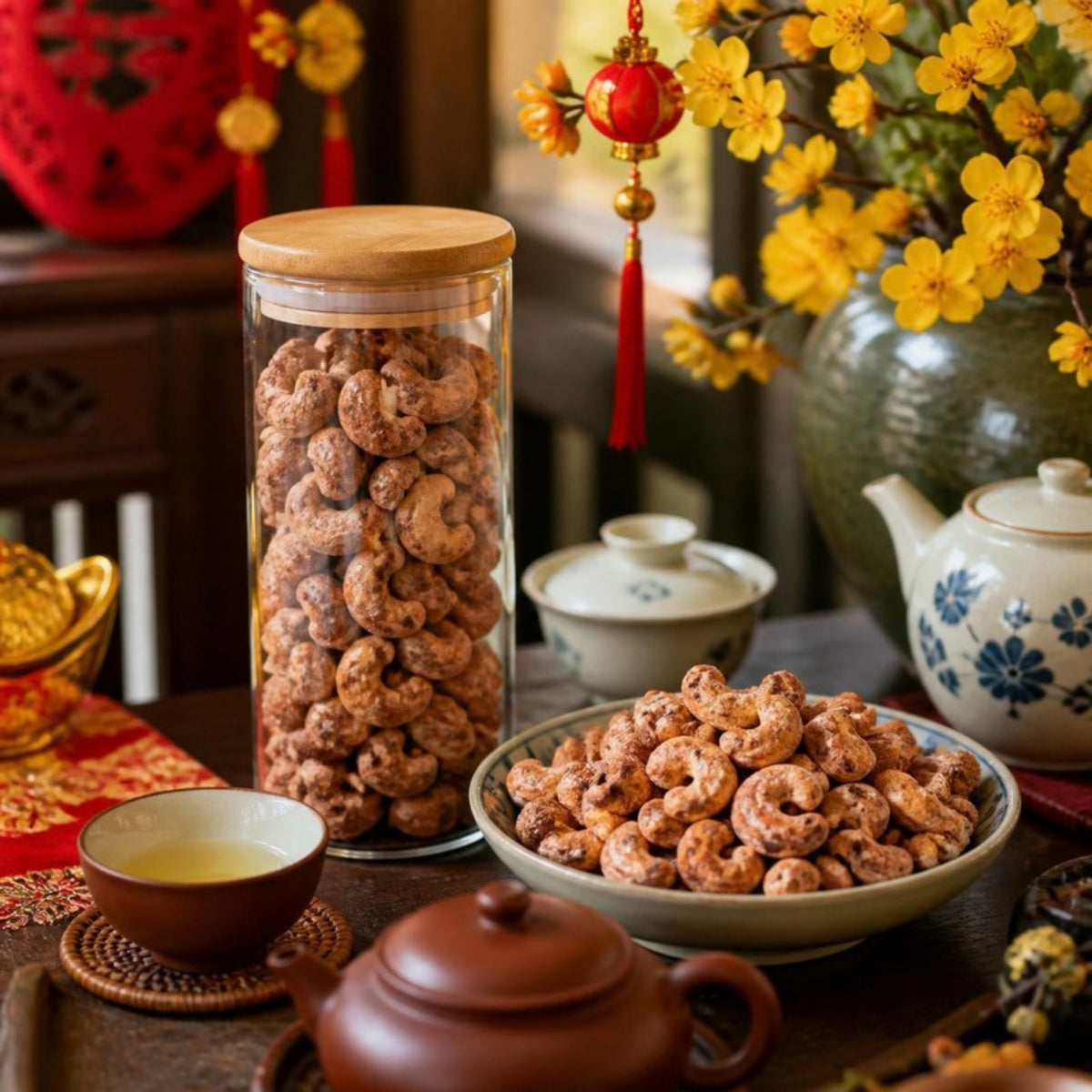 Hạt điều rang muối vỏ lụa Bình Phước FAMINUTS hũ pet 500g trên bàn trà ngày Tết (ảnh minh họa)