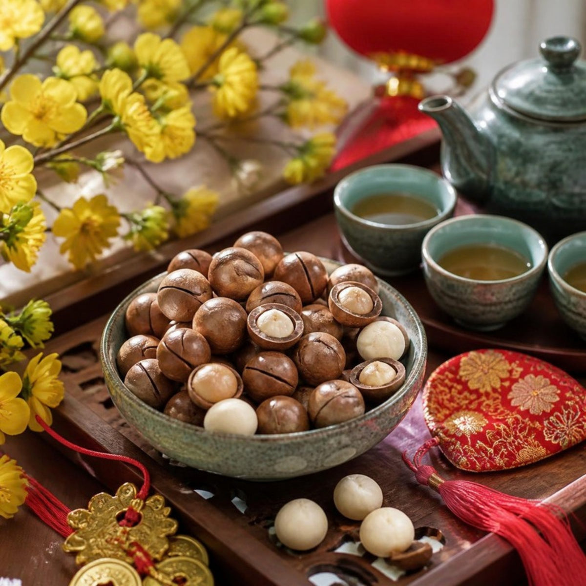 Hạt macca nứt vỏ Lâm Đồng B'Lao Farm túi 500g trên bàn trà ngày Tết (ảnh minh họa)