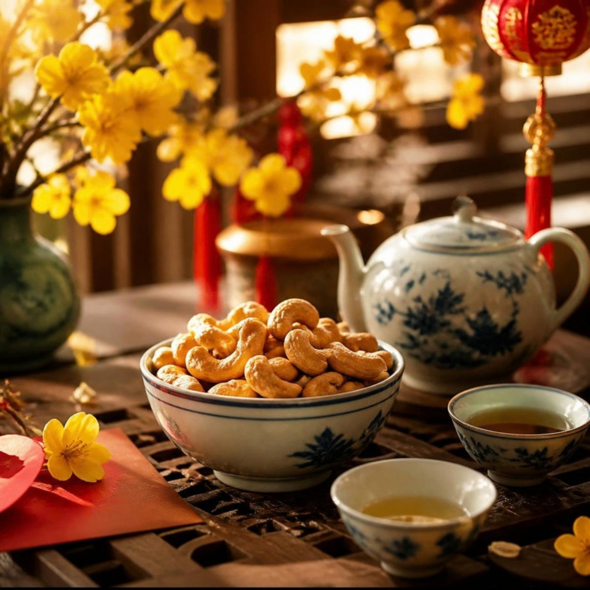 Hạt điều rang nhân trắng Bình Phước DIHONA hộp giấy 1000g trên bàn trà ngày Tết (ảnh minh họa)