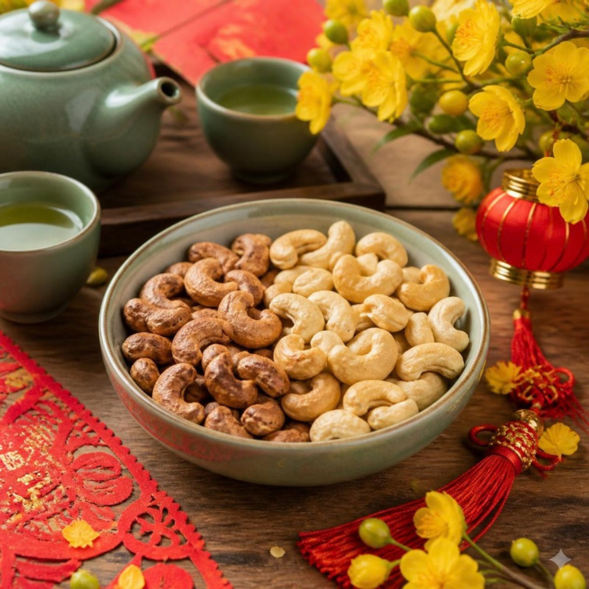 Hạt điều mix Bình Phước BÀ TƯ hộp giấy 500g trên bàn trà ngày Tết (ảnh minh họa)