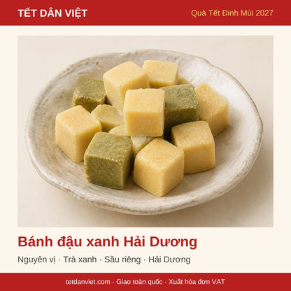 Bánh đậu xanh Hải Dương nguyên vị, trà xanh, sầu riêng – khung quà Tết Dân Việt