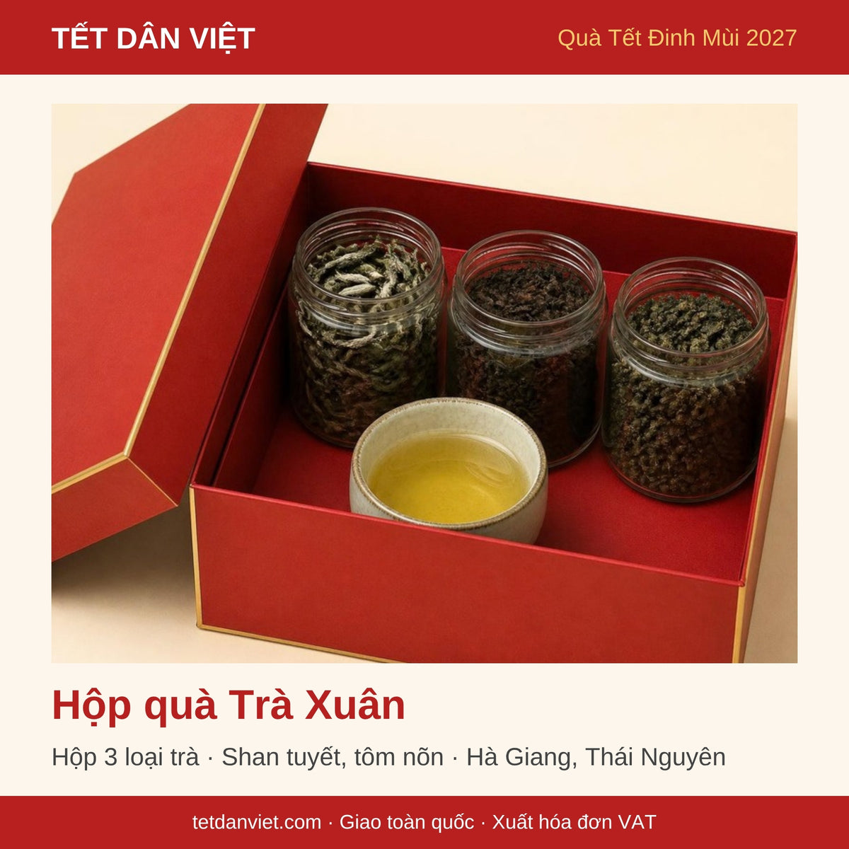 Hộp quà Tết Trà Xuân trong khung Tết Dân Việt – 3 loại trà Shan tuyết và chè tôm nõn