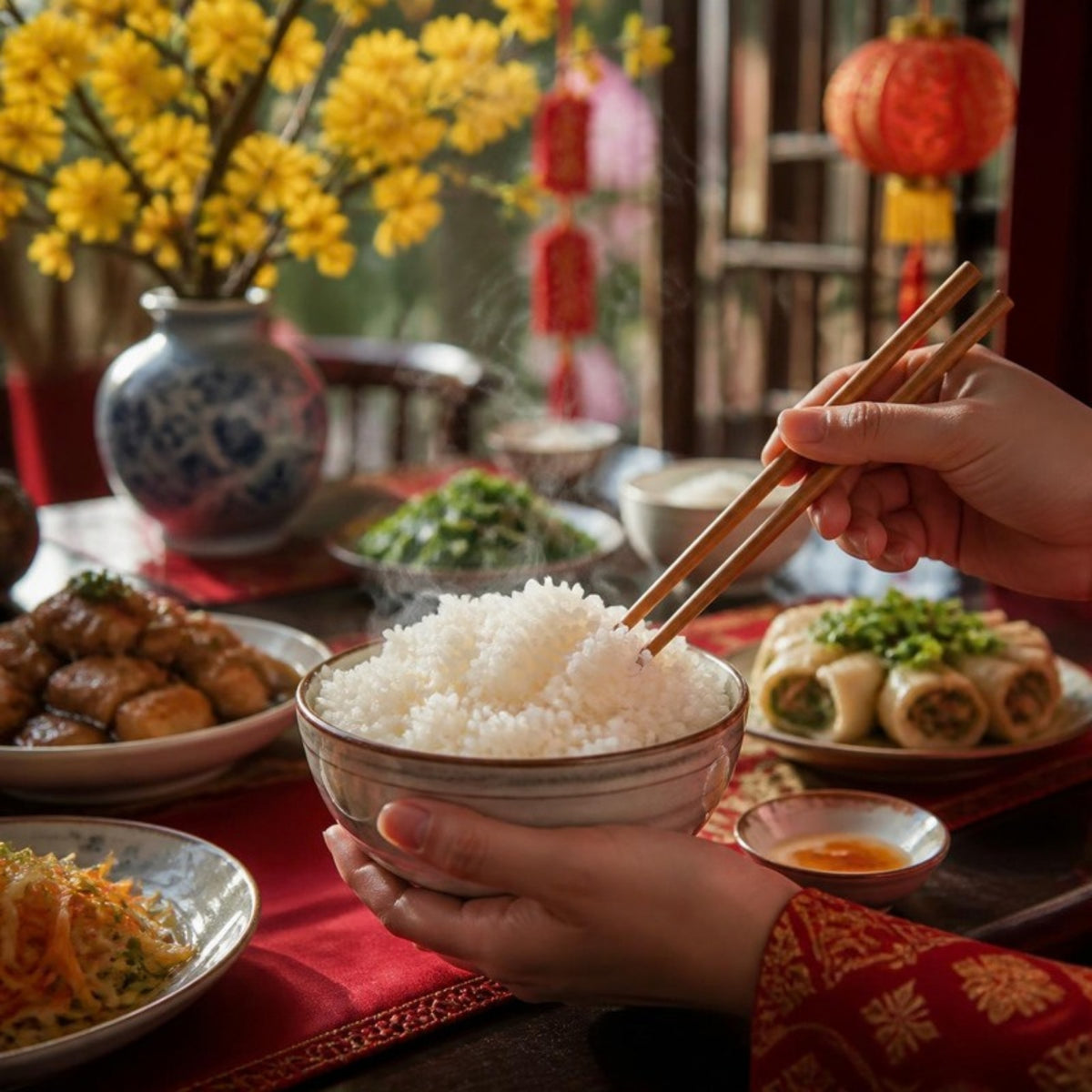 Gạo ST21 Đồng Tháp Mê Gạo túi 5kg trên mâm cơm ngày Tết (ảnh minh họa)