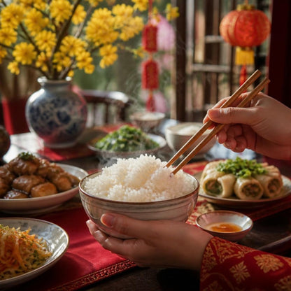 Gạo ST21 Đồng Tháp Mê Gạo túi 5kg trên mâm cơm ngày Tết (ảnh minh họa)