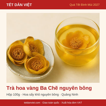 Trà hoa vàng Ba Chẽ nguyên bông hộp 100g trong khung Tết Dân Việt