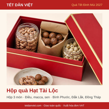 Hộp quà Tết Hạt Tài Lộc trong khung Tết Dân Việt – 3 món: điều, macca, hạt sen