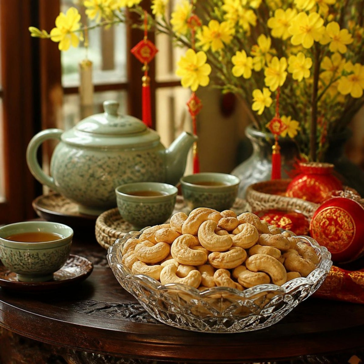 Hạt điều rang nhân trắng Bình Phước FAMINUTS túi hút chân không 500g trên bàn trà ngày Tết (ảnh minh họa)