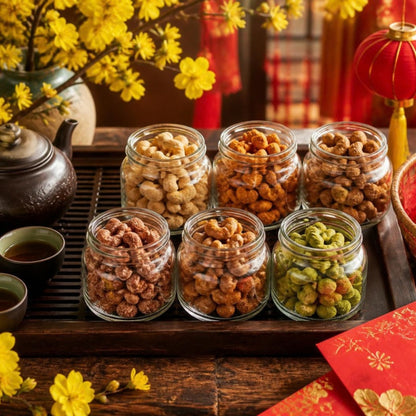 Hộp quà hạt điều Bình Phước BÀ TƯ hộp quà 1200g trên bàn trà ngày Tết (ảnh minh họa)