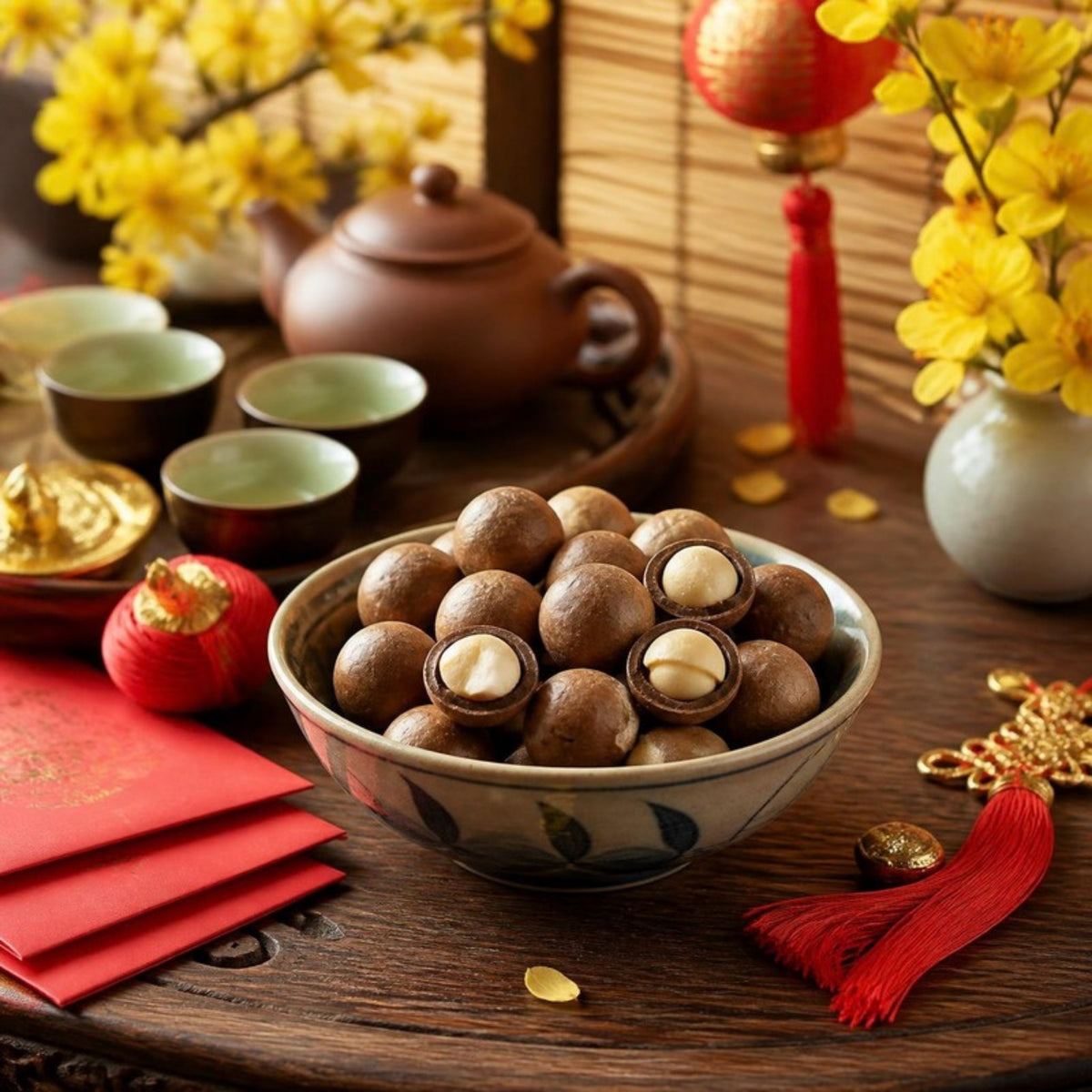 Hạt macca Lâm Đồng Bà Tư hộp 400g trên bàn trà ngày Tết (ảnh minh họa)