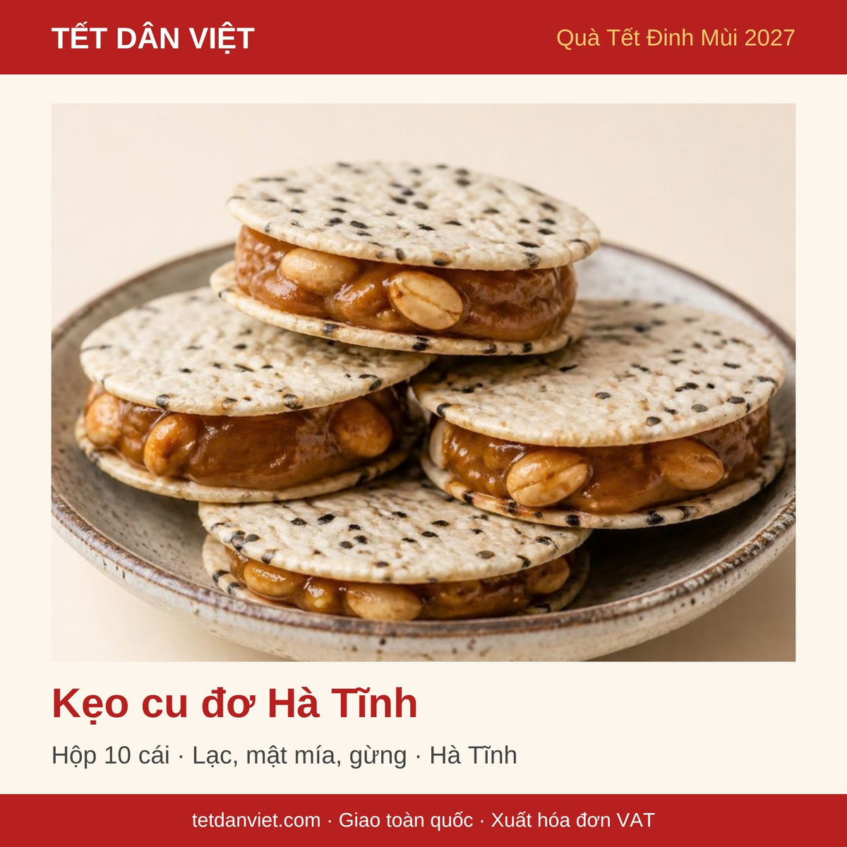 Kẹo cu đơ Hà Tĩnh hộp 10 cái – khung quà Tết Dân Việt