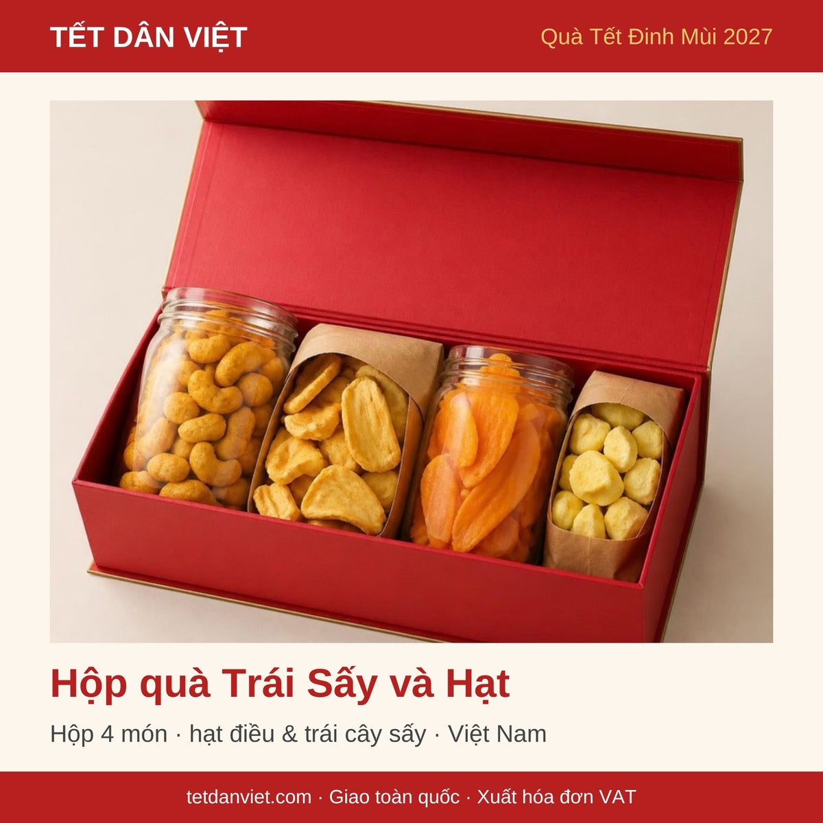 Hộp quà Tết Trái Sấy và Hạt trong khung Tết Dân Việt