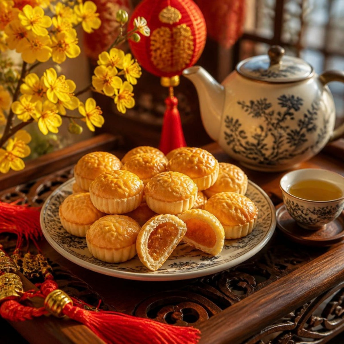 Bánh dứa (bánh tô trái thơm) Đại Phát hộp 10 bánh 400g trên bàn trà ngày Tết (ảnh minh họa)