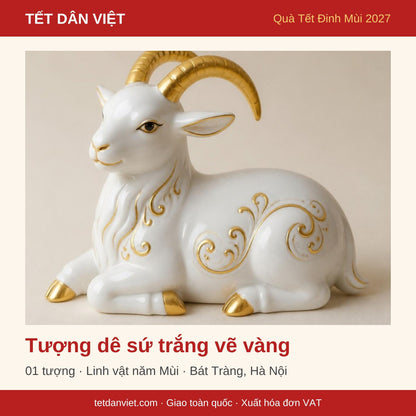 Tượng dê sứ trắng vẽ vàng – quà Tết Đinh Mùi 2027