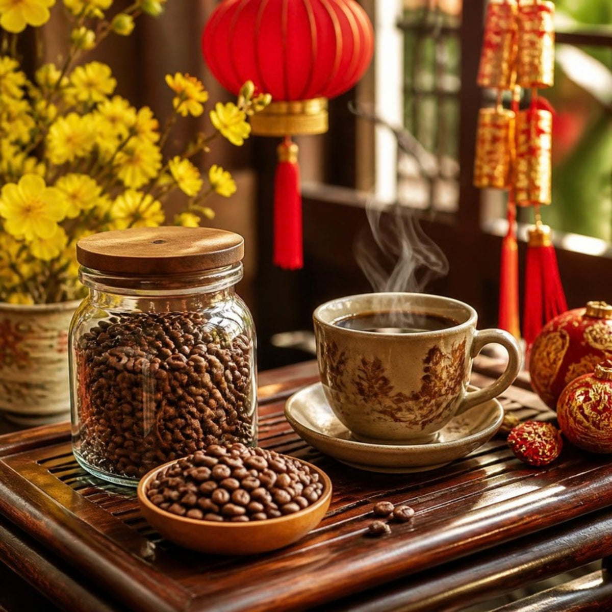 Cà phê hạt Arabica Cầu Đất rang mộc B'Lao Farm túi 250g trên bàn trà ngày Tết (ảnh minh họa)