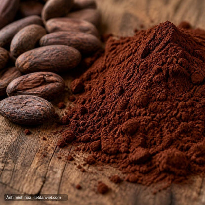 Cận cảnh bột cacao nguyên chất và hạt cacao lên men