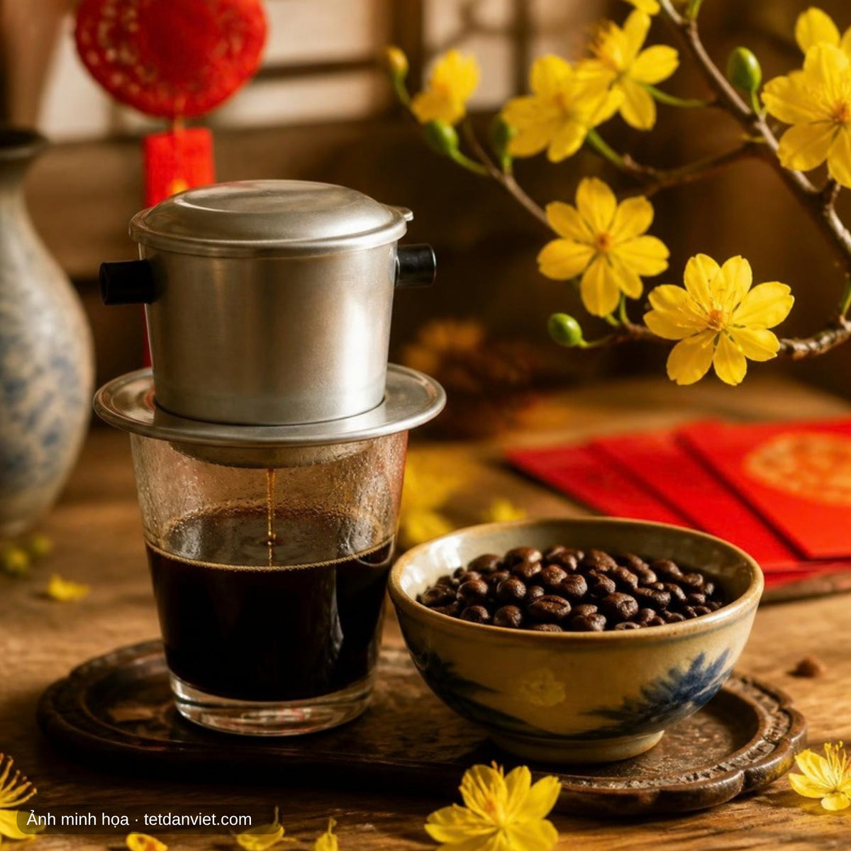 Phin cà phê Fine Robusta Gia Lai bên hoa mai ngày Tết