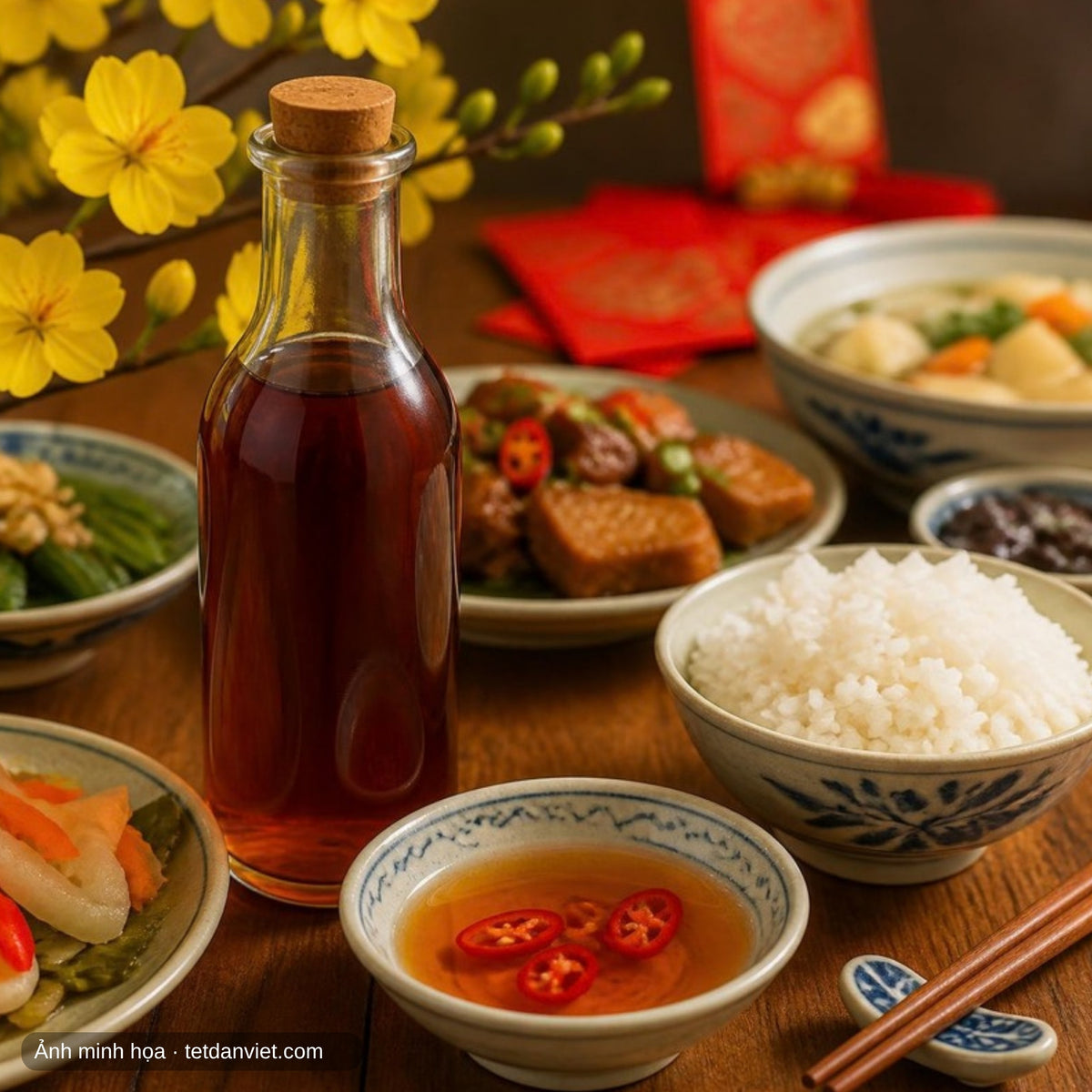 Nước mắm cá cơm trên mâm cơm ngày Tết bên cành mai vàng