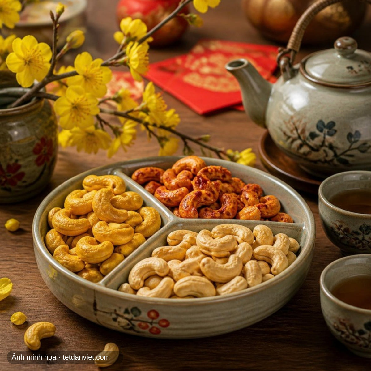 Hạt điều tẩm vị Đồng Nai trên bàn trà ngày Tết bên cành mai vàng