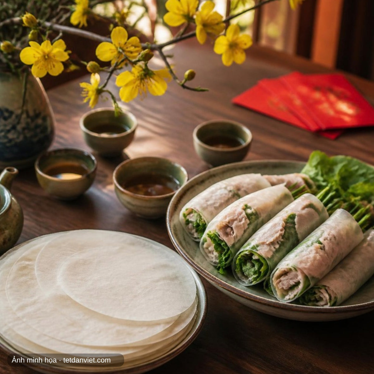 Bánh tráng Tây Ninh cuốn thịt luộc trên mâm Tết