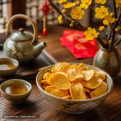 Mít sấy giòn trên bàn trà ngày Tết bên cành mai vàng