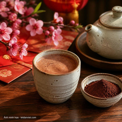 Chén cacao nóng từ bột cacao nguyên chất trên bàn trà ngày Tết