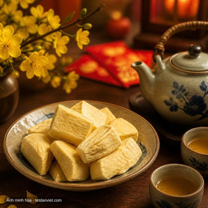 Sầu riêng sấy thăng hoa trên bàn trà ngày Tết bên cành mai vàng