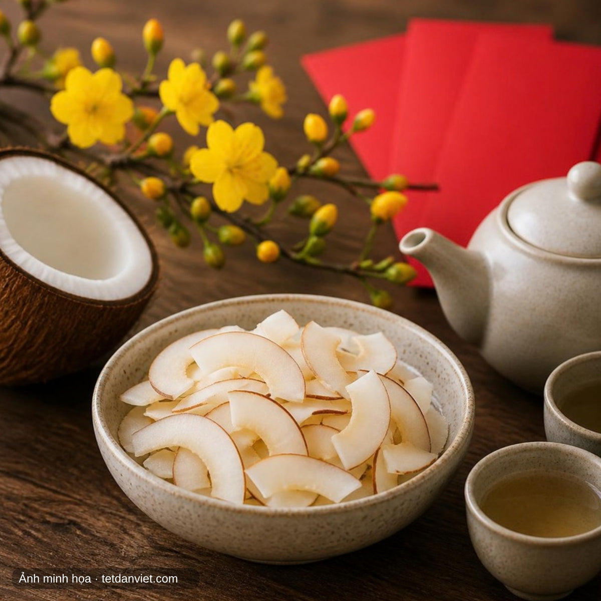 Dừa sáp sấy giòn Cầu Kè trên bàn trà ngày Tết bên mai vàng
