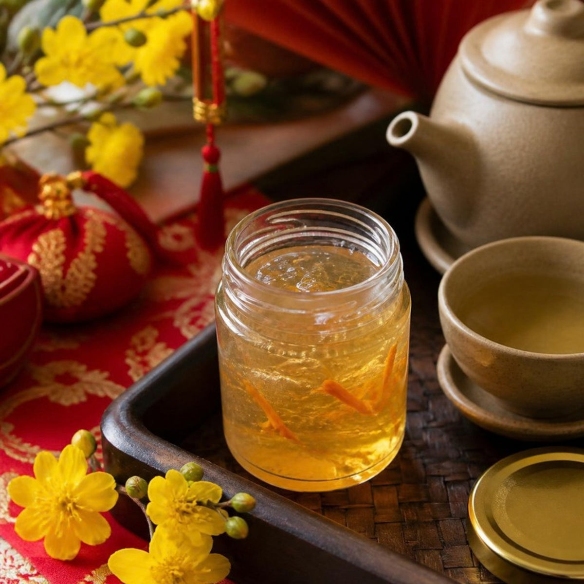 Yến chưng mật hoa thốt nốt và đông trùng hạ thảo Chân Phương hũ 100ml trên bàn trà ngày Tết (ảnh minh họa)