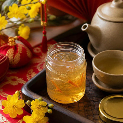 Yến chưng mật hoa thốt nốt và đông trùng hạ thảo Chân Phương hũ 100ml trên bàn trà ngày Tết (ảnh minh họa)