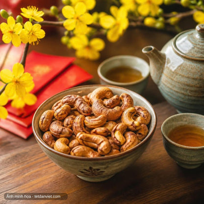 Hạt điều vỏ lụa rang muối trên bàn trà ngày Tết bên cành mai vàng
