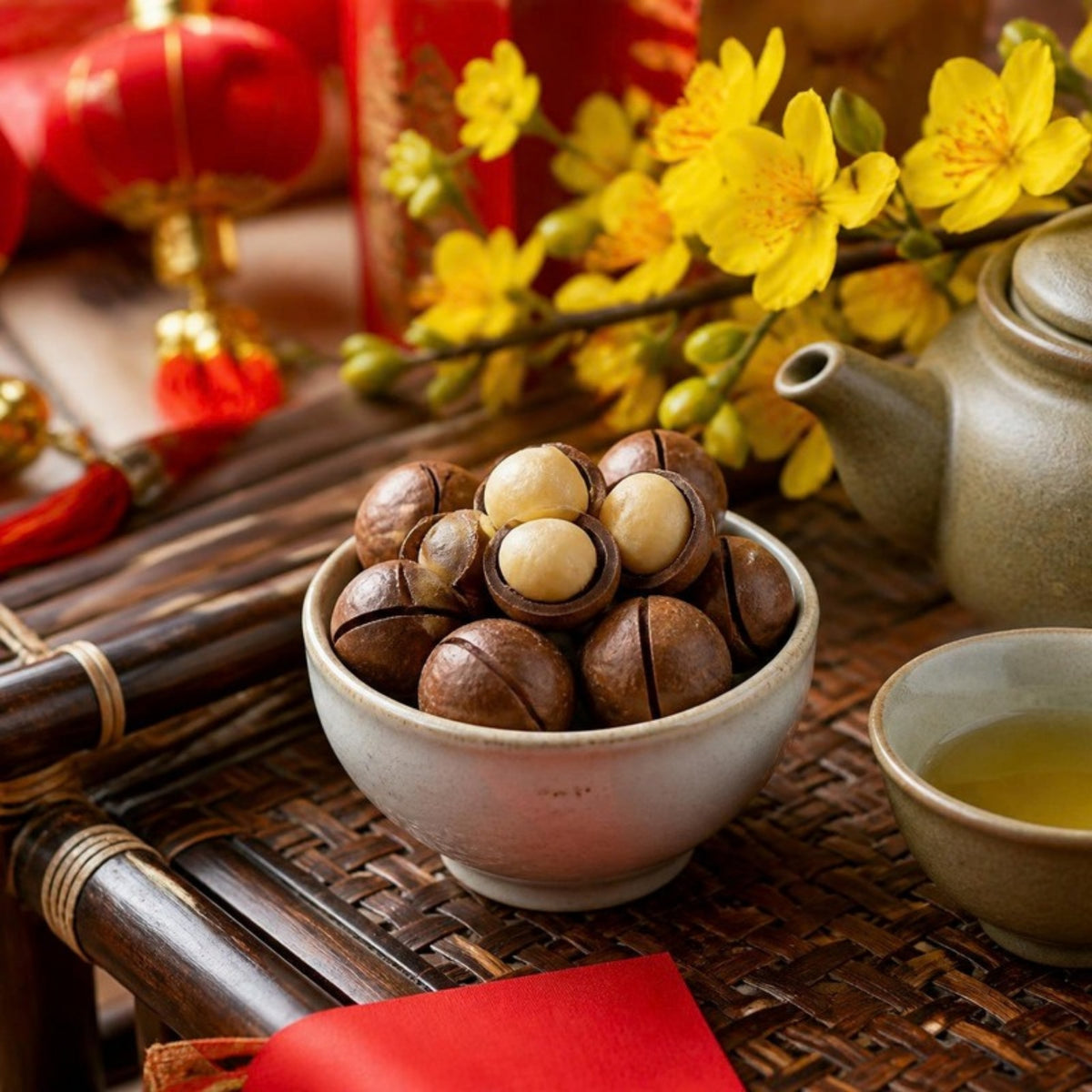 Hạt macca Lâm Đồng Bà Tư hộp 250g trên bàn trà ngày Tết (ảnh minh họa)