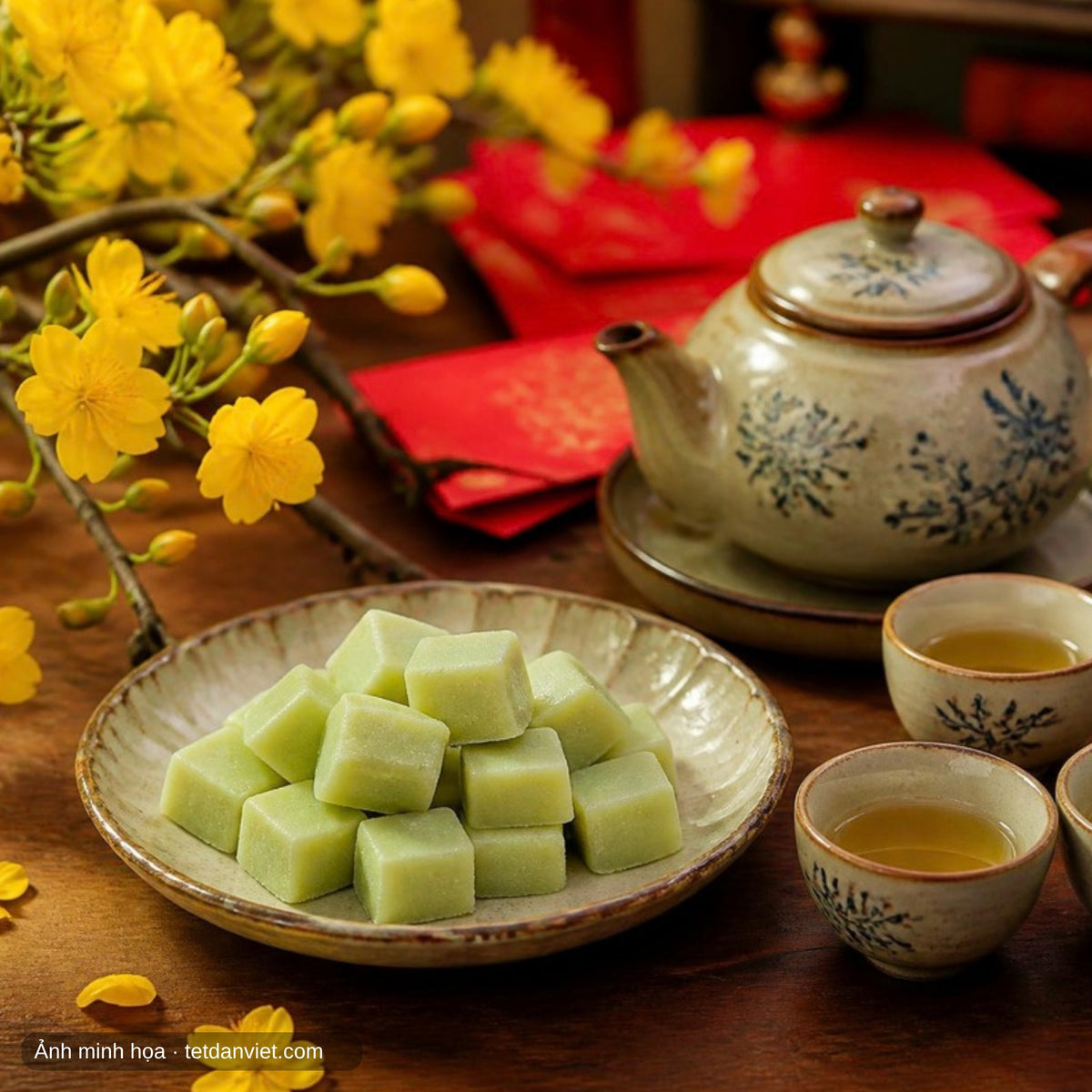 Kẹo dừa sáp lá dứa Cầu Kè trên bàn trà ngày Tết bên cành mai vàng