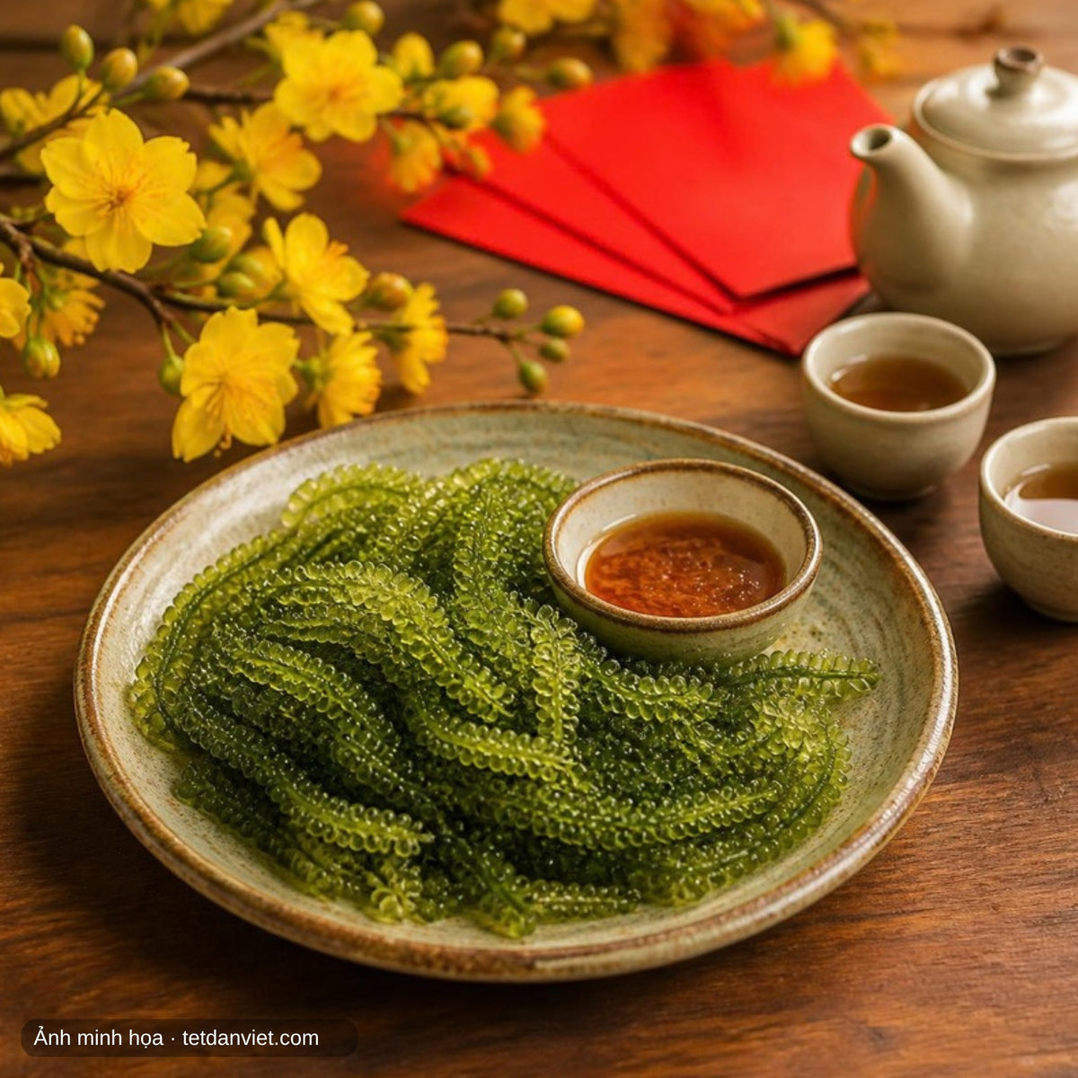 Đĩa rong nho Khánh Hòa trên bàn trà ngày Tết bên mai vàng