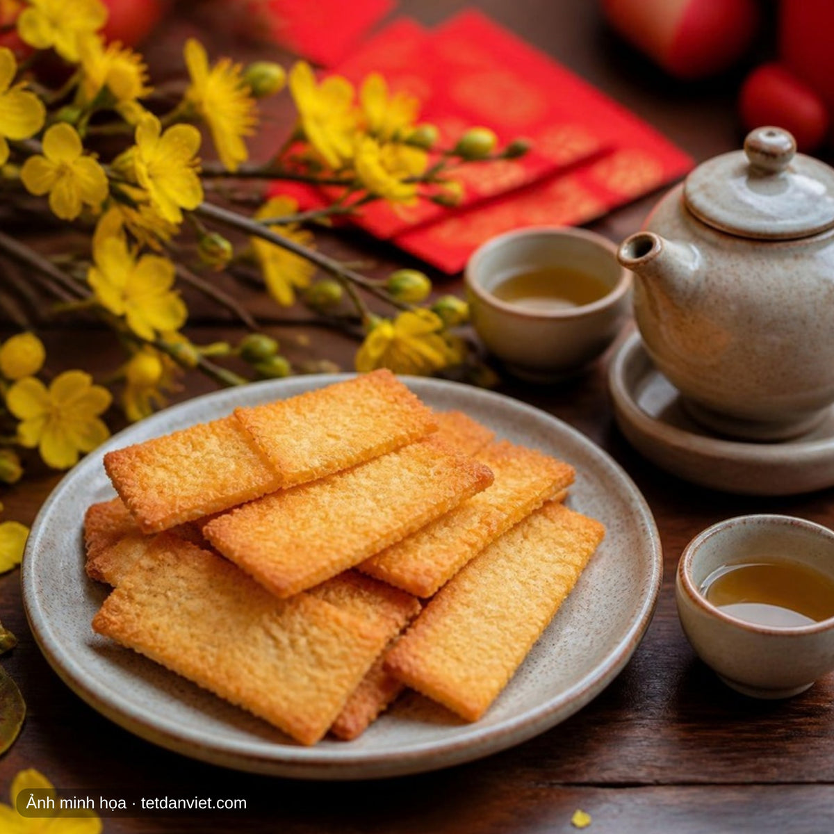Bánh dừa nướng Quảng Nam trên bàn trà ngày Tết bên cành mai vàng